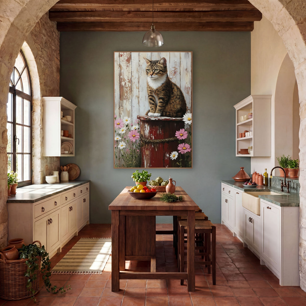 Tabby Cat Red Barrel Daisies Rustic wall art in a farmhouse-style room – brown tabby cat with white paws sitting