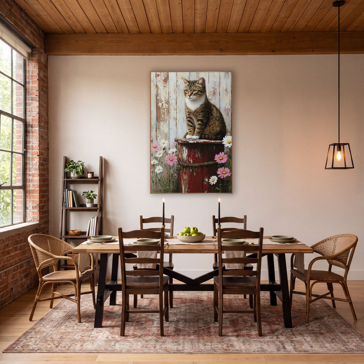 Tabby Cat Red Barrel Daisies Rustic wall art in a farmhouse-style room – brown tabby cat with white paws sitting