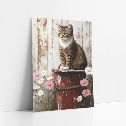 Tabby Cat Red Barrel Daisies Rustic art print leaning against a white wall – brown tabby cat with white paws sitting