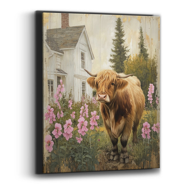 Highland Cow Pines Brick Chimney Meadow Canvas Wall Art