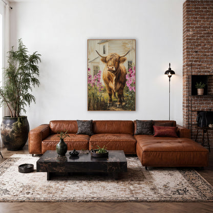 Highland Cow Pink Hollyhocks Farmhouse wall art in a farmhouse-style room – shaggy Highland cow with long horns