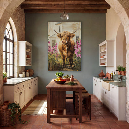 Highland Cow Pink Hollyhocks Farmhouse wall art in a farmhouse-style room – shaggy Highland cow with long horns