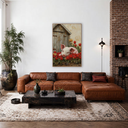 Sleepy Piglet Red Tulips Farmhouse wall art in a farmhouse-style room – pink piglet asleep among red and yellow tulips