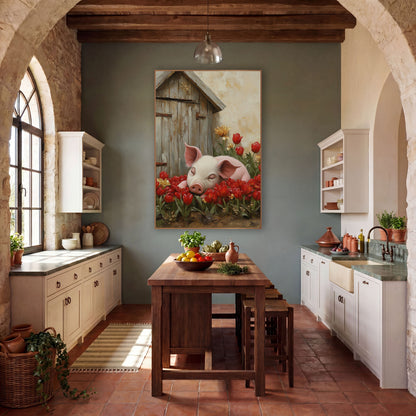 Sleepy Piglet Red Tulips Farmhouse wall art in a farmhouse-style room – pink piglet asleep among red and yellow tulips