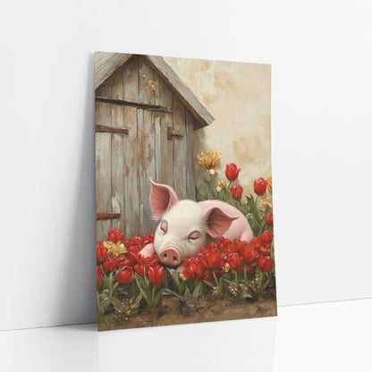 Sleepy Piglet Red Tulips Farmhouse art print leaning against a white wall – pink piglet asleep among red and yellow tulips