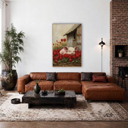 Sleeping Piglet Red Tulips Farmhouse wall art in a farmhouse-style room – pink piglet asleep with its snout on red
