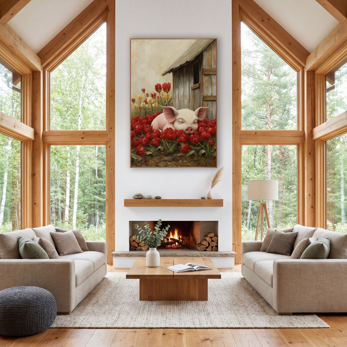 Sleeping Piglet Red Tulips Farmhouse wall art in a farmhouse-style room – pink piglet asleep with its snout on red
