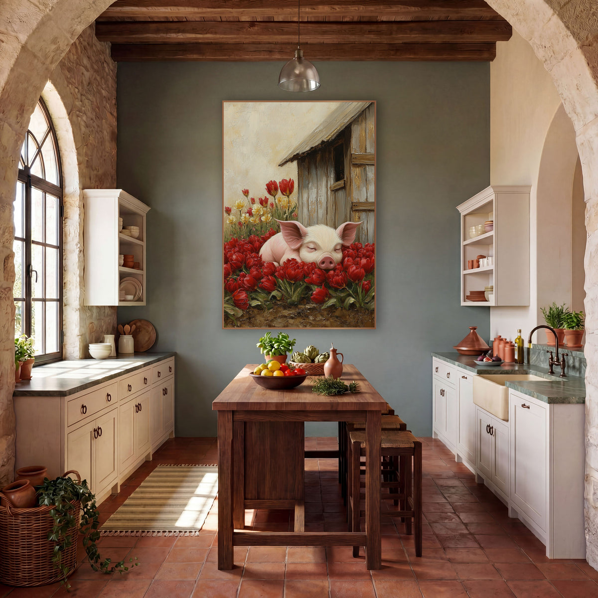 Sleeping Piglet Red Tulips Farmhouse wall art in a farmhouse-style room – pink piglet asleep with its snout on red