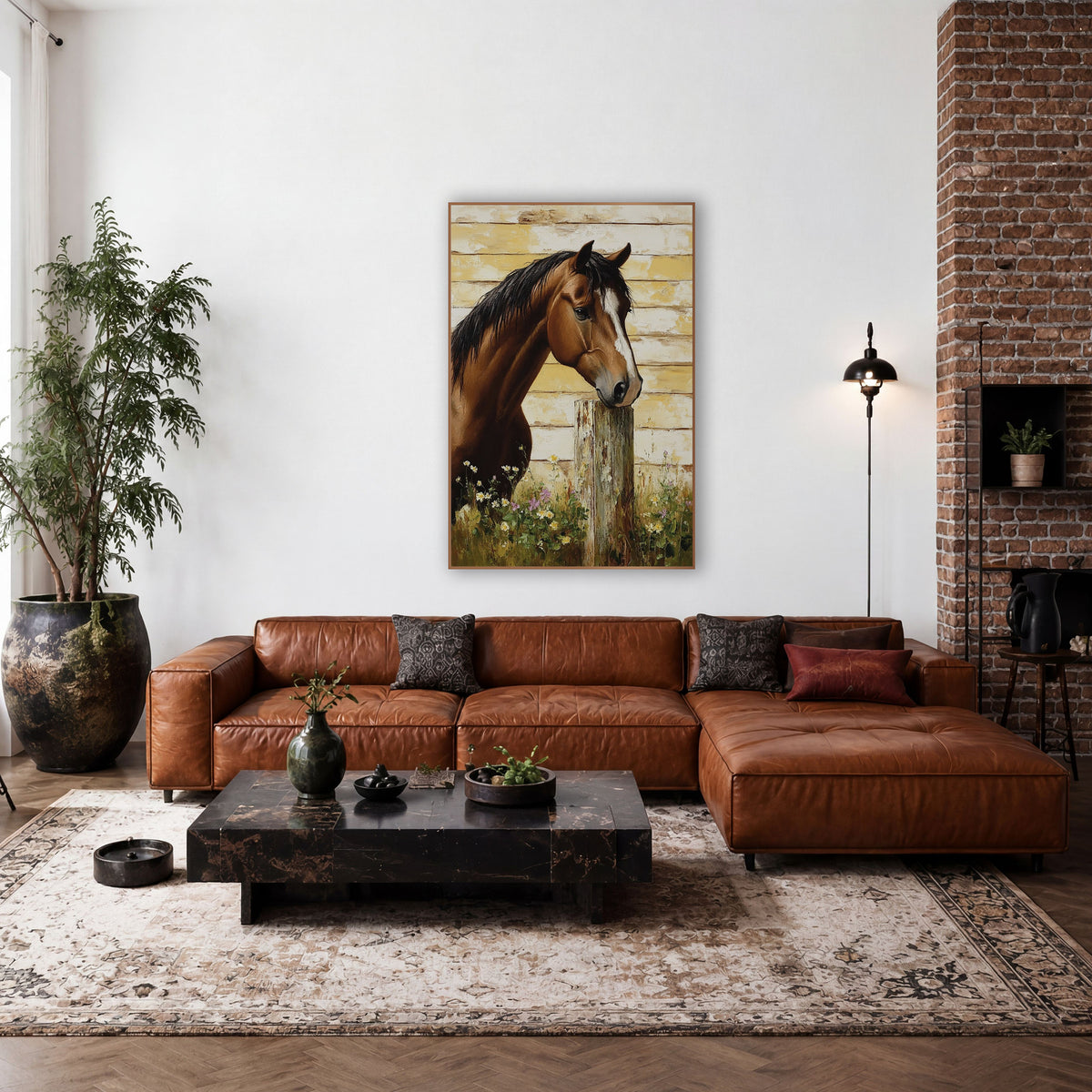 Facing Right Horse Meadow Daisy Farmhouse wall art in a farmhouse-style room – chestnut horse with white blaze resting