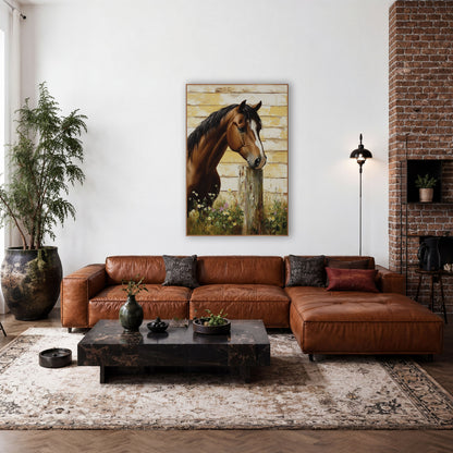 Facing Right Horse Meadow Daisy Farmhouse wall art in a farmhouse-style room – chestnut horse with white blaze resting
