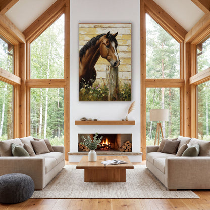Facing Right Horse Meadow Daisy Farmhouse wall art in a farmhouse-style room – chestnut horse with white blaze resting