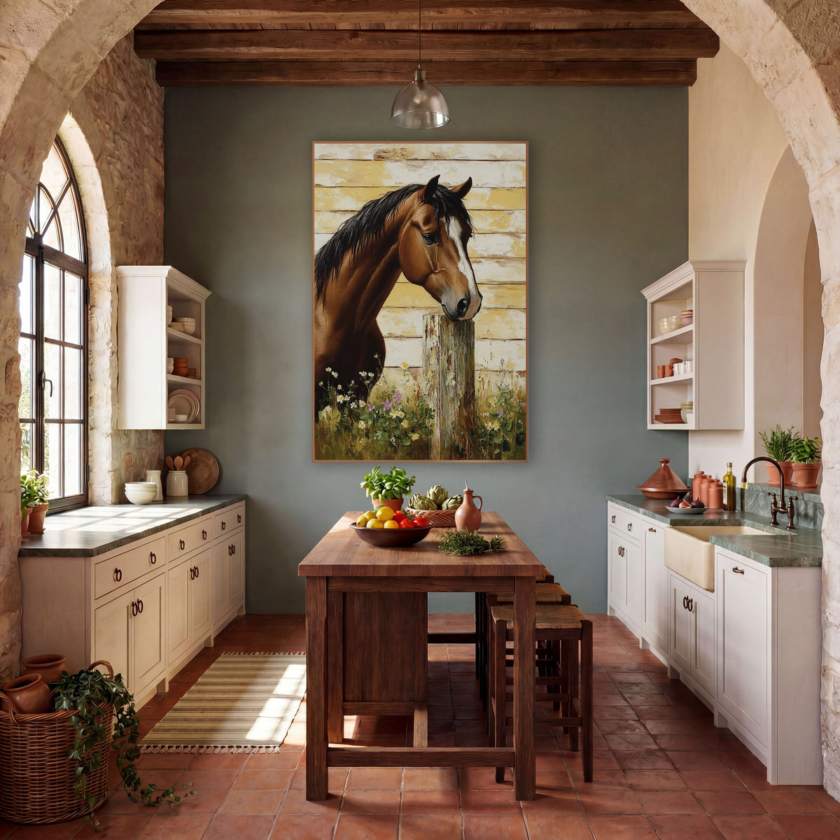 Facing Right Horse Meadow Daisy Farmhouse wall art in a farmhouse-style room – chestnut horse with white blaze resting