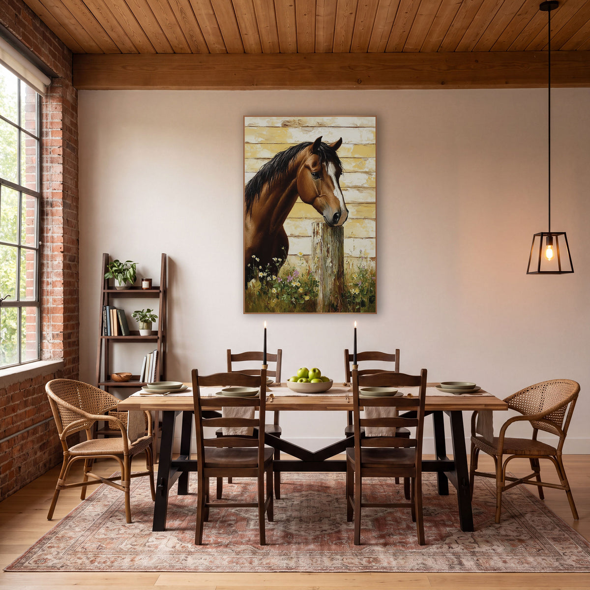 Facing Right Horse Meadow Daisy Farmhouse wall art in a farmhouse-style room – chestnut horse with white blaze resting