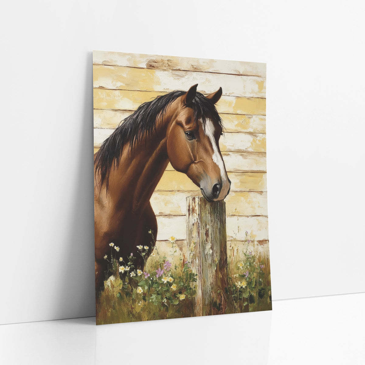 Facing Right Horse Meadow Daisy Farmhouse art print leaning against a white wall – chestnut horse with white blaze resting
