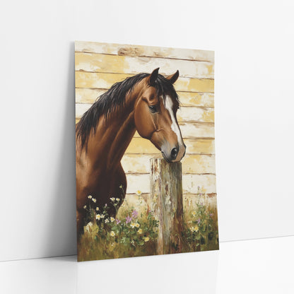 Facing Right Horse Meadow Daisy Farmhouse art print leaning against a white wall – chestnut horse with white blaze resting