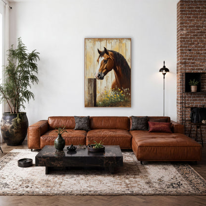 Yellow Wildflower Horse Lowered Gaze Rustic wall art in a farmhouse-style room – chestnut horse with white blaze