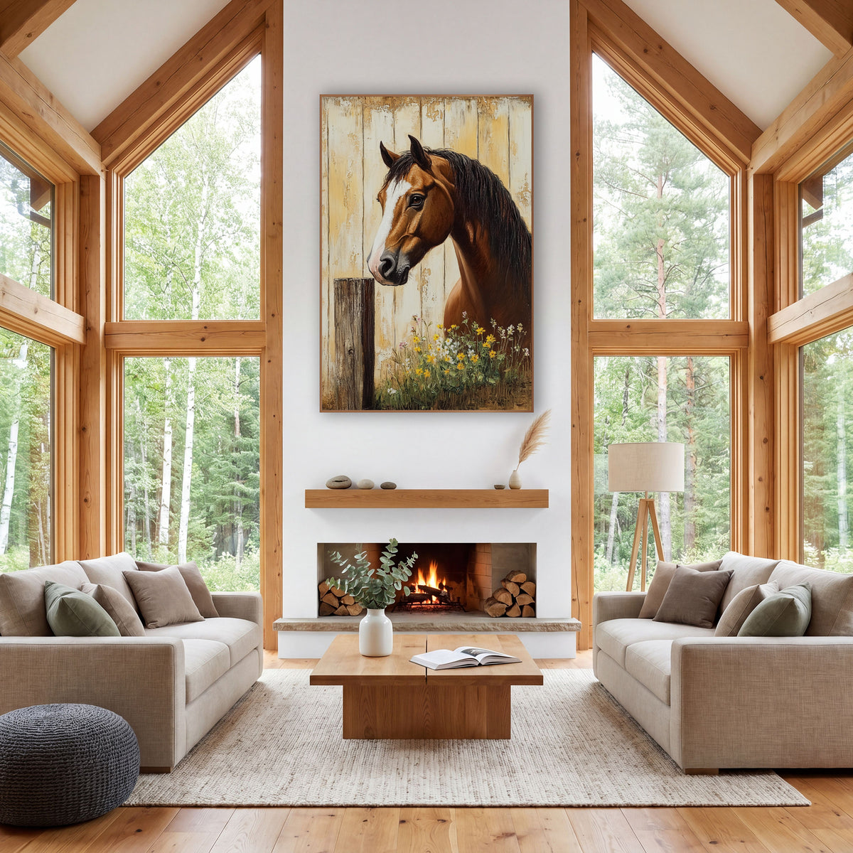 Yellow Wildflower Horse Lowered Gaze Rustic wall art in a farmhouse-style room – chestnut horse with white blaze