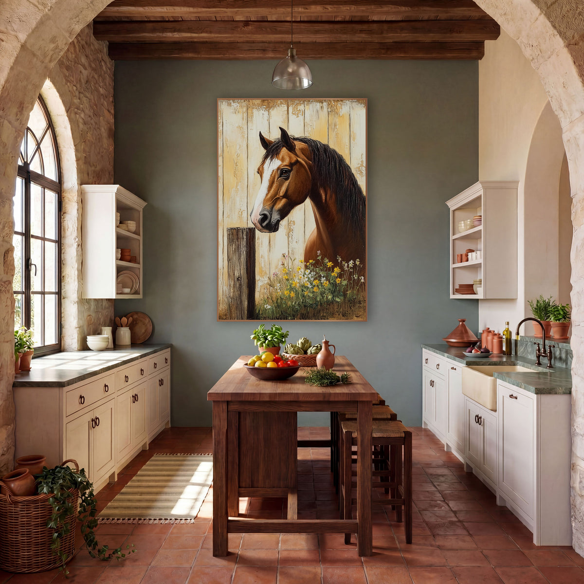Yellow Wildflower Horse Lowered Gaze Rustic wall art in a farmhouse-style room – chestnut horse with white blaze