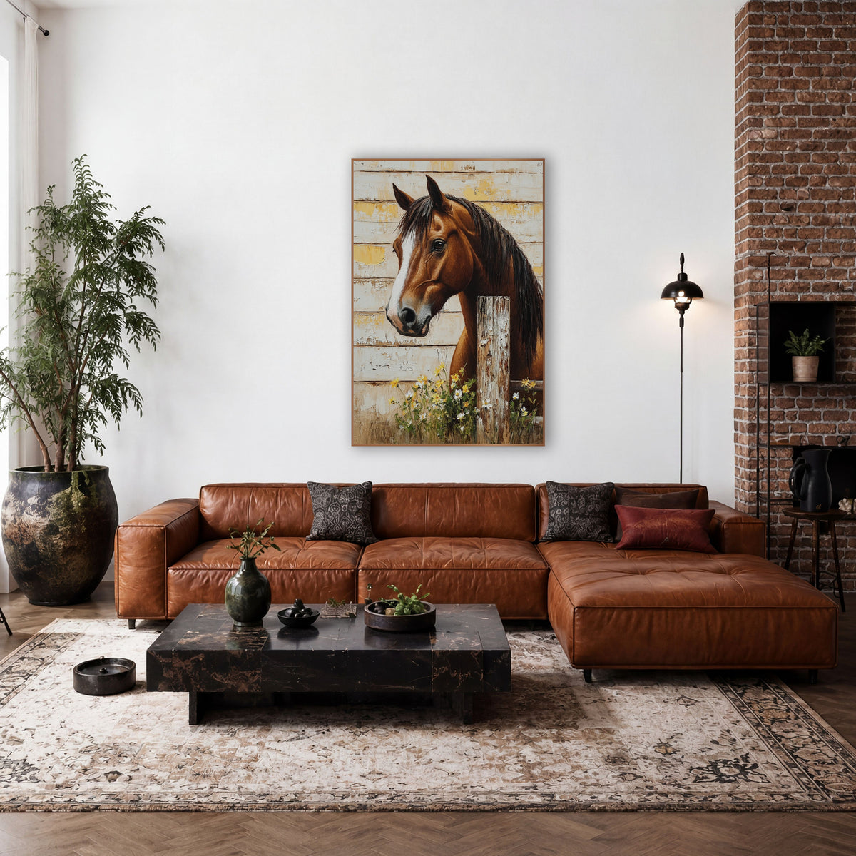 Horizontal Plank Horse Daisy Post Farmhouse wall art in a farmhouse-style room – chestnut horse with white blaze