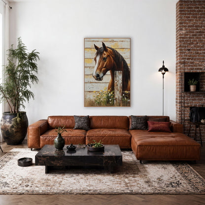 Horizontal Plank Horse Daisy Post Farmhouse wall art in a farmhouse-style room – chestnut horse with white blaze