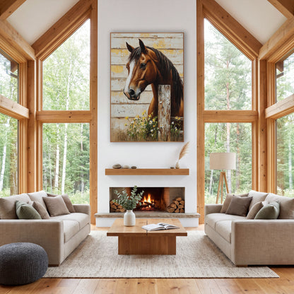 Horizontal Plank Horse Daisy Post Farmhouse wall art in a farmhouse-style room – chestnut horse with white blaze
