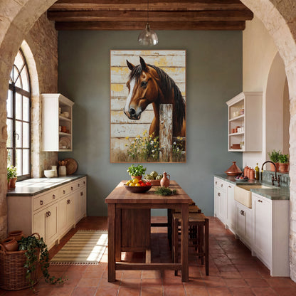Horizontal Plank Horse Daisy Post Farmhouse wall art in a farmhouse-style room – chestnut horse with white blaze