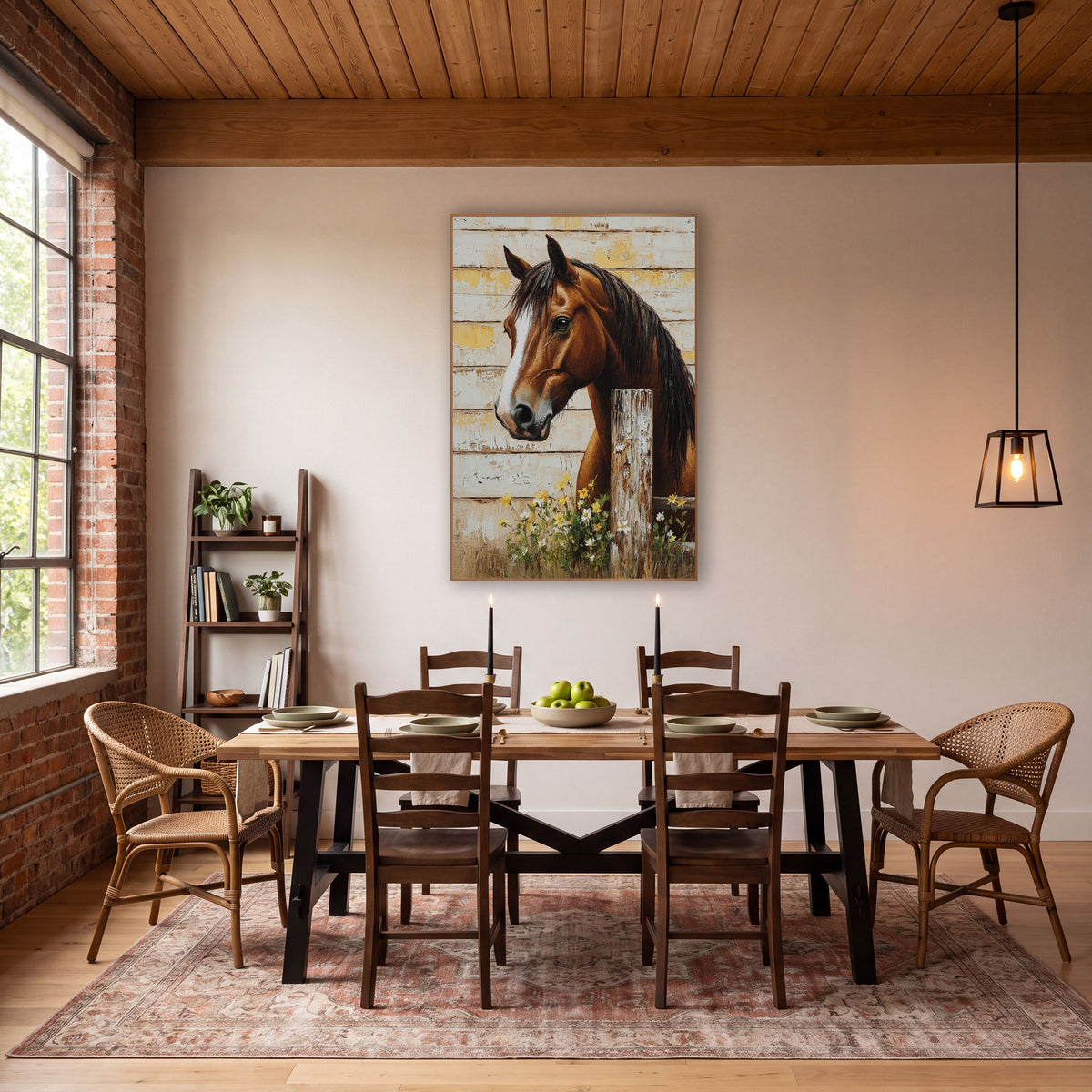 Horizontal Plank Horse Daisy Post Farmhouse wall art in a farmhouse-style room – chestnut horse with white blaze
