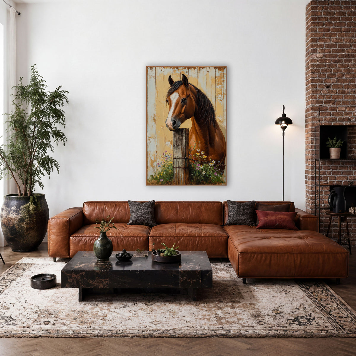 Barbed Wire Post Horse Wildflower Rustic wall art in a farmhouse-style room – chestnut horse with white blaze resting
