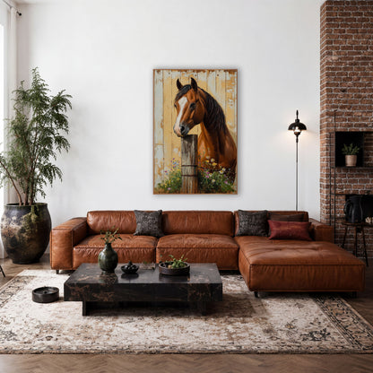 Barbed Wire Post Horse Wildflower Rustic wall art in a farmhouse-style room – chestnut horse with white blaze resting