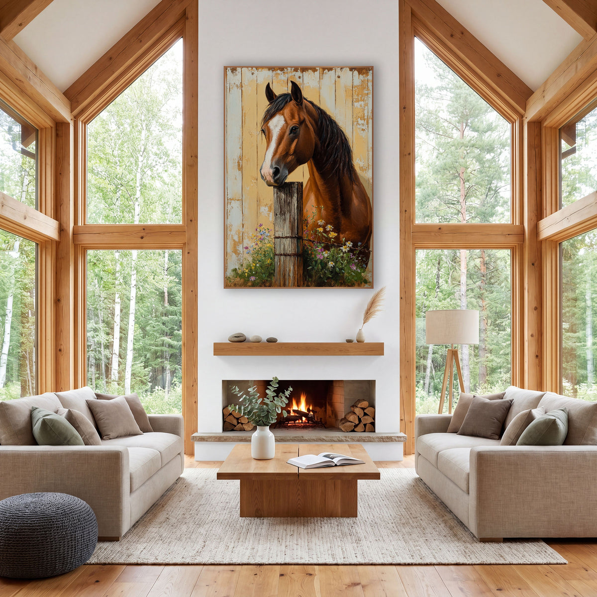 Barbed Wire Post Horse Wildflower Rustic wall art in a farmhouse-style room – chestnut horse with white blaze resting