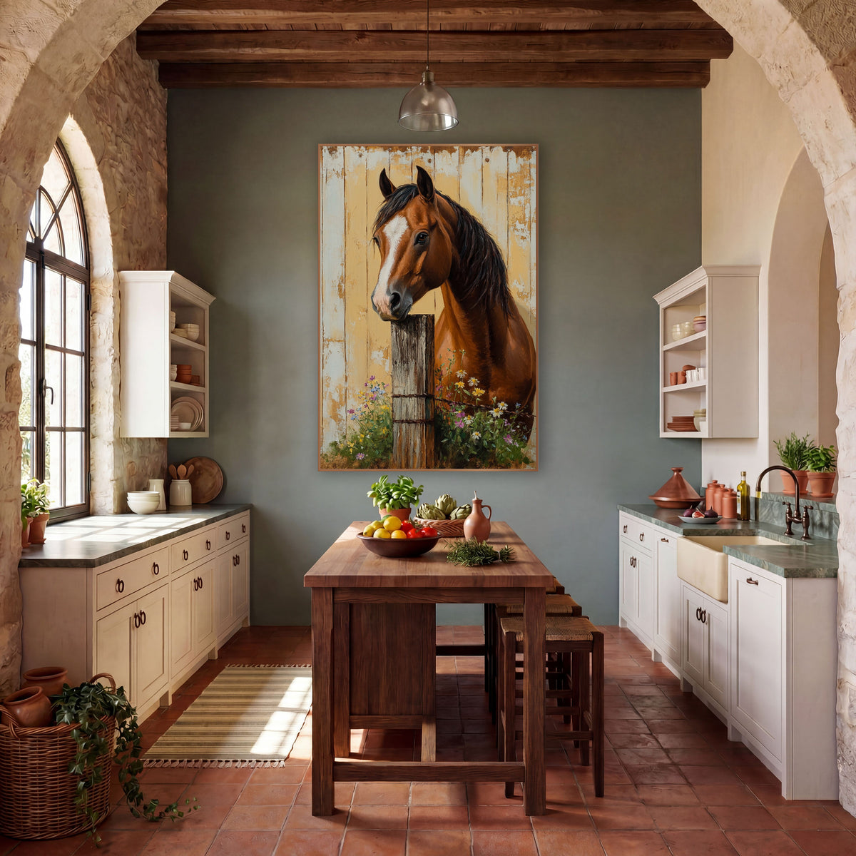 Barbed Wire Post Horse Wildflower Rustic wall art in a farmhouse-style room – chestnut horse with white blaze resting