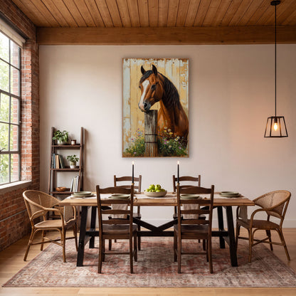 Barbed Wire Post Horse Wildflower Rustic wall art in a farmhouse-style room – chestnut horse with white blaze resting