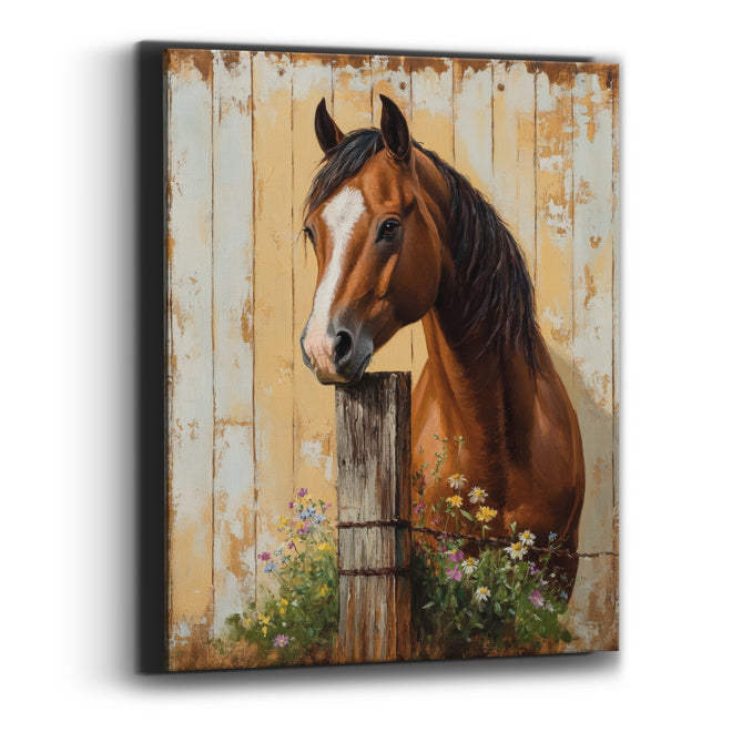 Barbed Wire Post Horse Wildflower Rustic Canvas Wall Art