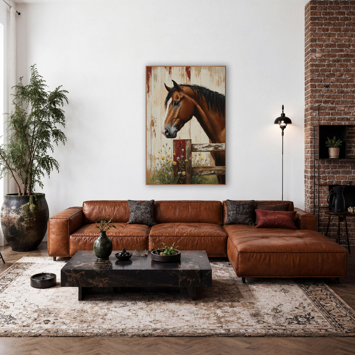 Bay Horse Rustic Barn Farmhouse wall art in a farmhouse-style room – brown horse with white blaze resting its head