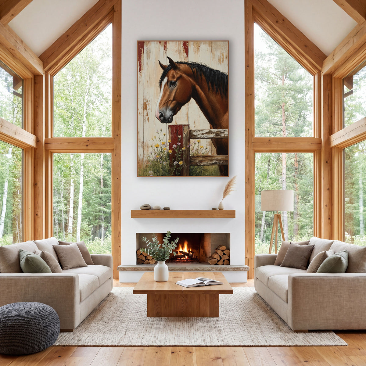 Bay Horse Rustic Barn Farmhouse wall art in a farmhouse-style room – brown horse with white blaze resting its head