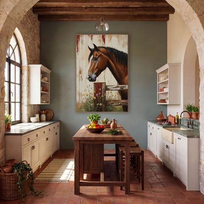 Bay Horse Rustic Barn Farmhouse wall art in a farmhouse-style room – brown horse with white blaze resting its head