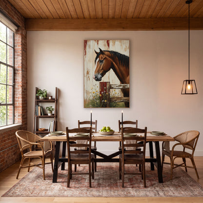 Bay Horse Rustic Barn Farmhouse wall art in a farmhouse-style room – brown horse with white blaze resting its head