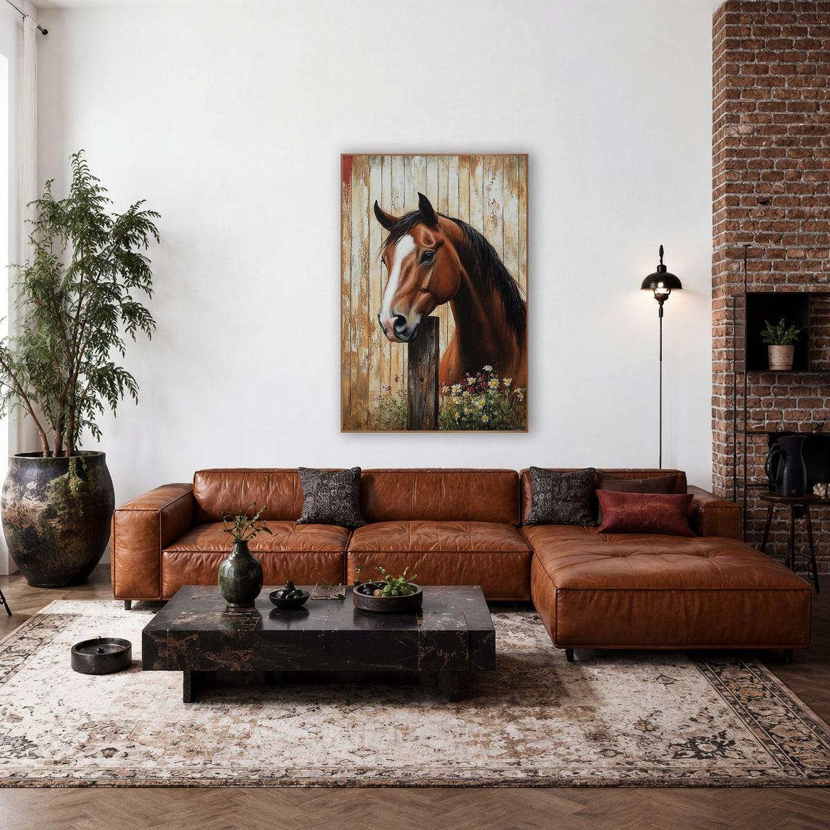 Red Edge Barnwood Horse Daisy Farmhouse wall art in a farmhouse-style room – chestnut horse with white blaze resting