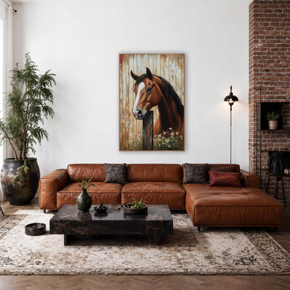 Red Edge Barnwood Horse Daisy Farmhouse wall art in a farmhouse-style room – chestnut horse with white blaze resting