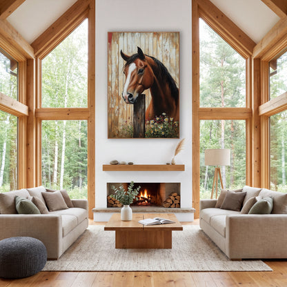 Red Edge Barnwood Horse Daisy Farmhouse wall art in a farmhouse-style room – chestnut horse with white blaze resting