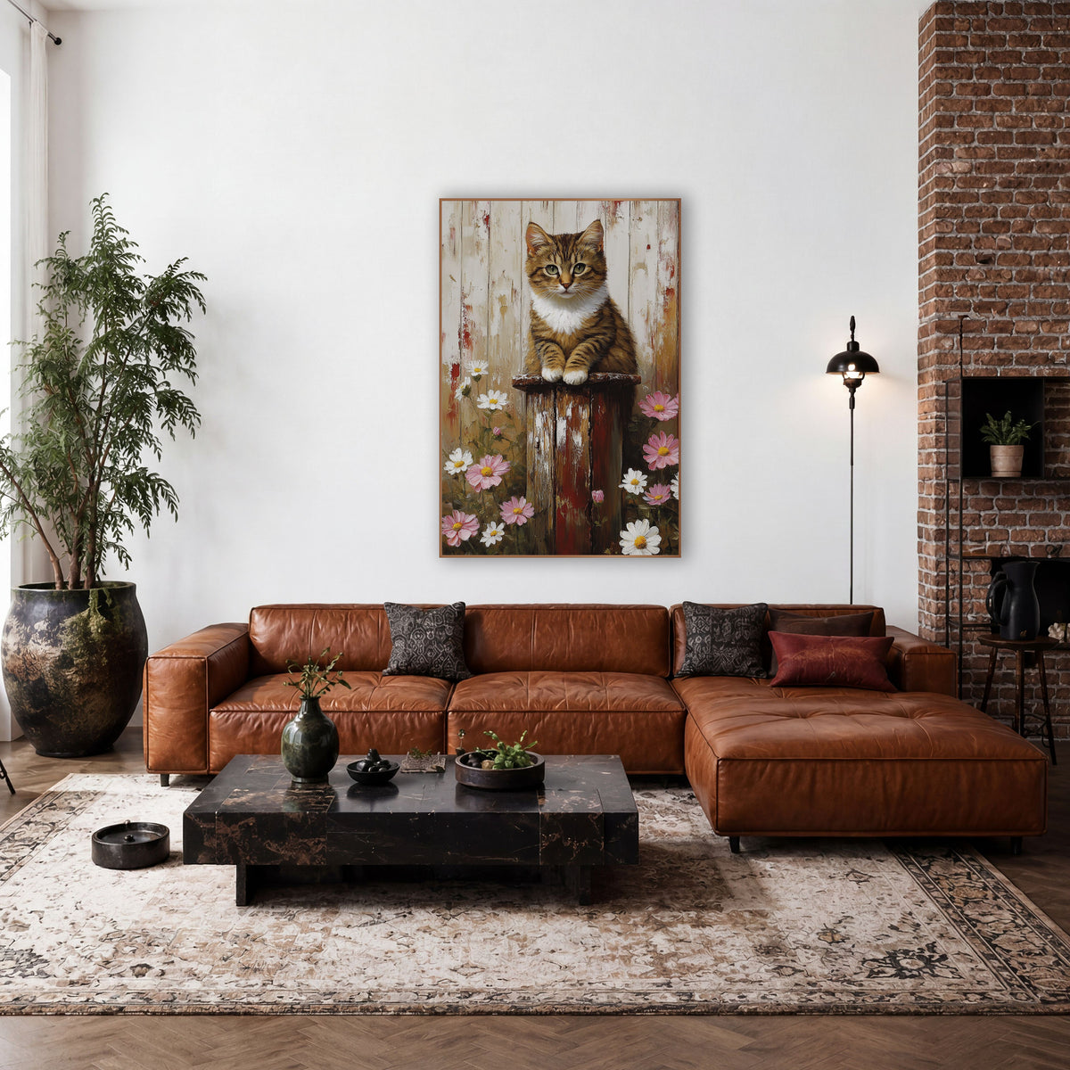 Tabby Kitten Daisy Farmhouse wall art in a farmhouse-style room – tabby kitten with white chest sitting on a worn red