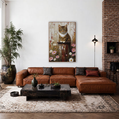 Tabby Kitten Daisy Farmhouse wall art in a farmhouse-style room – tabby kitten with white chest sitting on a worn red