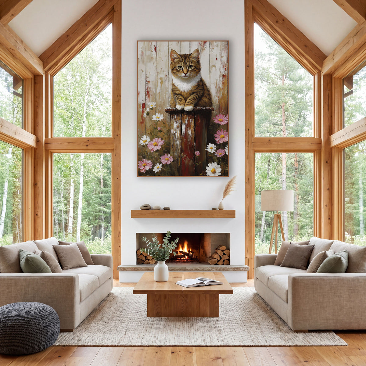Tabby Kitten Daisy Farmhouse wall art in a farmhouse-style room – tabby kitten with white chest sitting on a worn red