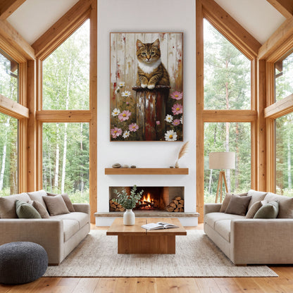 Tabby Kitten Daisy Farmhouse wall art in a farmhouse-style room – tabby kitten with white chest sitting on a worn red