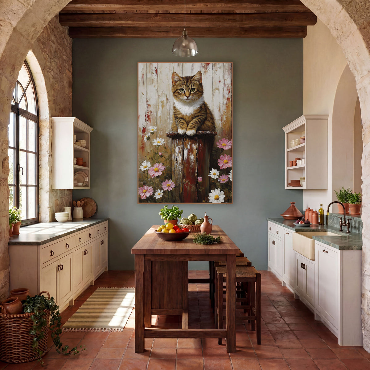 Tabby Kitten Daisy Farmhouse wall art in a farmhouse-style room – tabby kitten with white chest sitting on a worn red