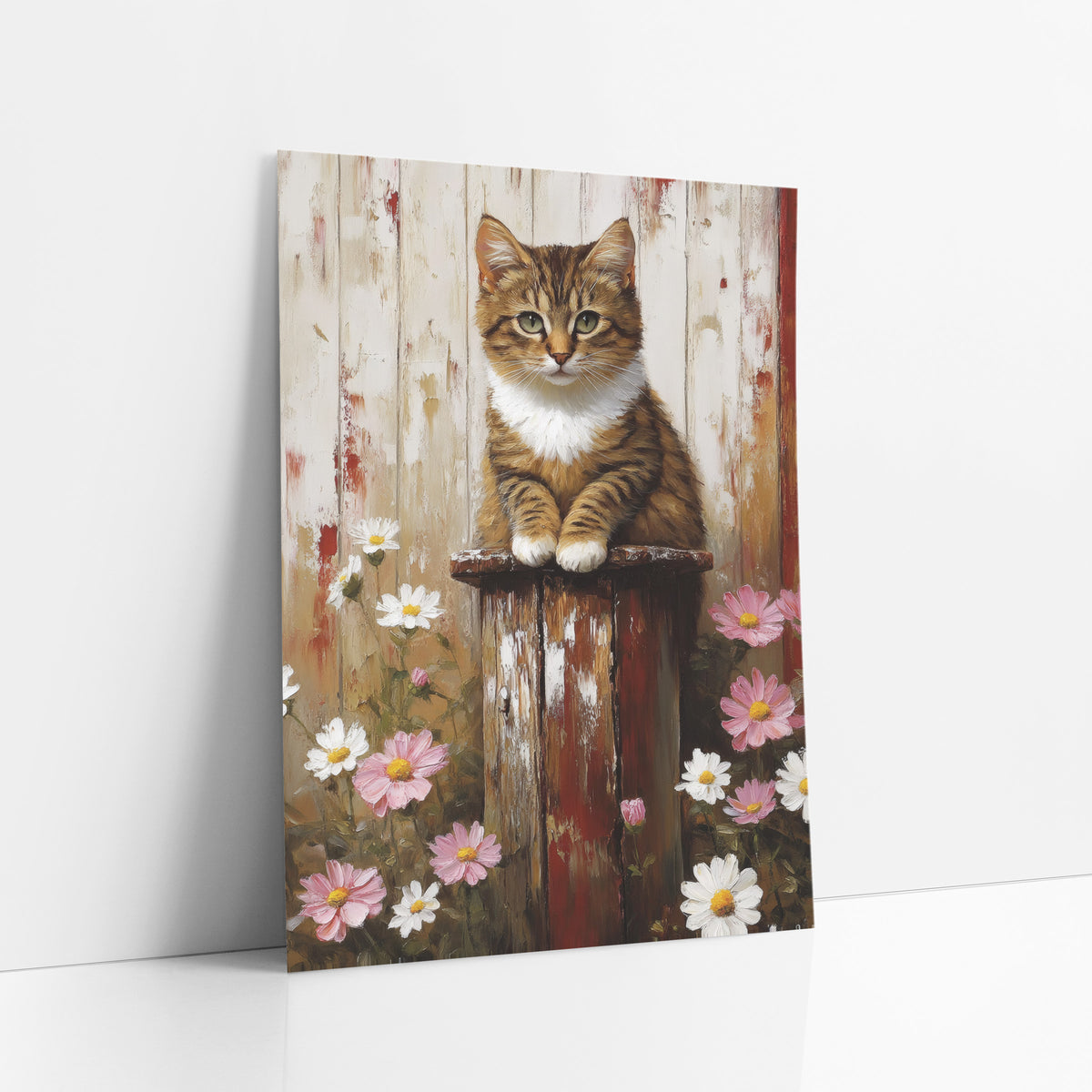 Tabby Kitten Daisy Farmhouse art print leaning against a white wall – tabby kitten with white chest sitting on a worn red