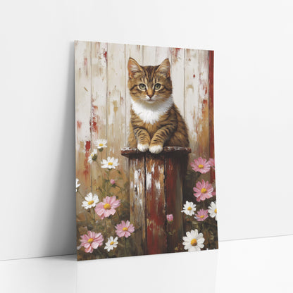 Tabby Kitten Daisy Farmhouse art print leaning against a white wall – tabby kitten with white chest sitting on a worn red