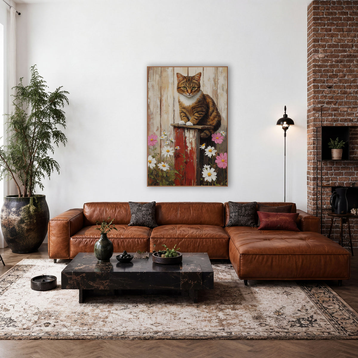 Tabby Cat Daisy Farmhouse Scene wall art in a farmhouse-style room – tabby cat with white paws sitting on a red post