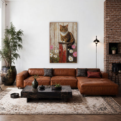Tabby Cat Daisy Farmhouse Scene wall art in a farmhouse-style room – tabby cat with white paws sitting on a red post