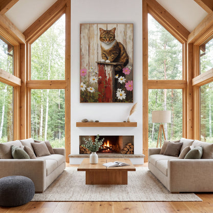 Tabby Cat Daisy Farmhouse Scene wall art in a farmhouse-style room – tabby cat with white paws sitting on a red post